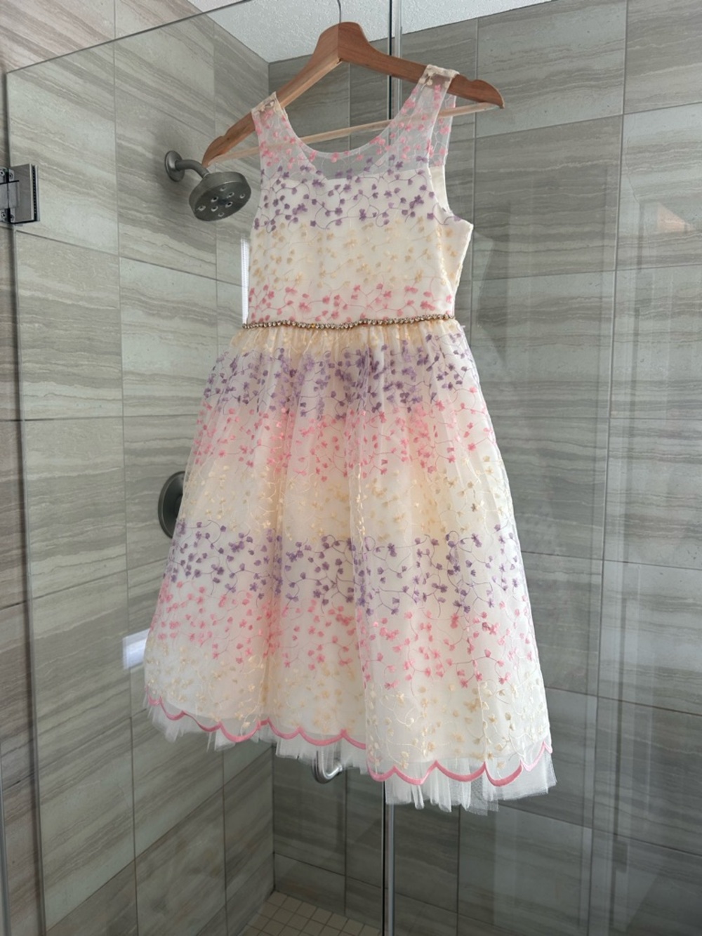 Girls White Floral Embroidered Dress with Pink & Purple Accents size 10